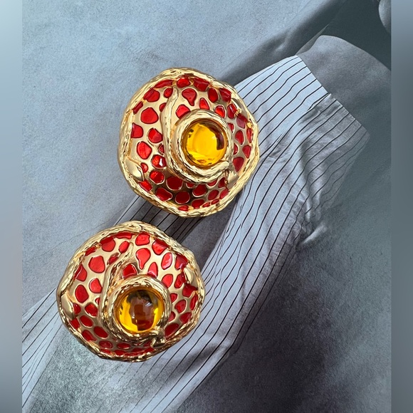 YSL  Gold and Red clip on Earrings - Picture 1 of 8